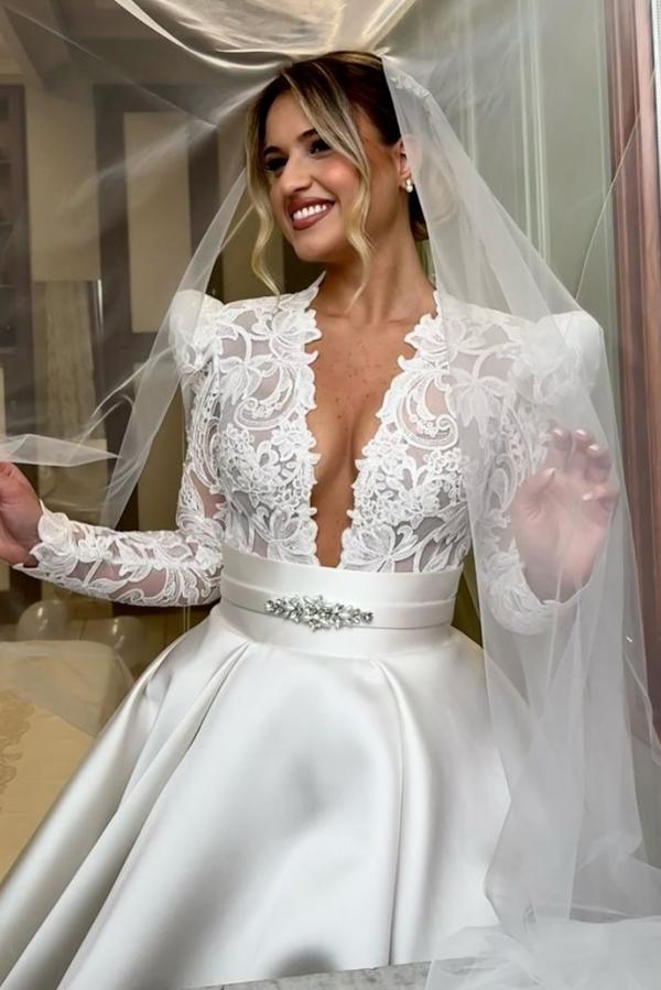 Long Sleeve Deep V-Neck A-Line Lace Satin Wedding Dress with Ruffles