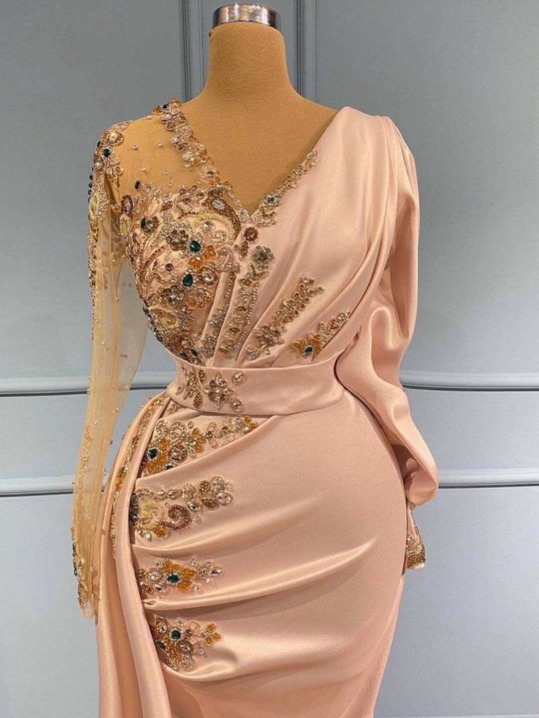Mermaid V-neck Long Sleeves Satin Floor length Formal Evening Dress