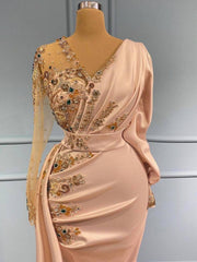 Mermaid V-neck Long Sleeves Satin Floor length Formal Evening Dress