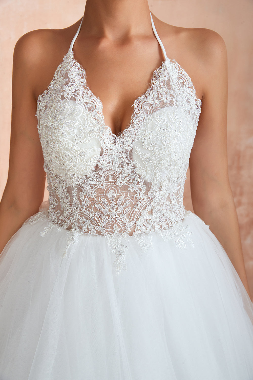 Long Ball Gown Halter Open Back Appliques Tulle Wedding Dress