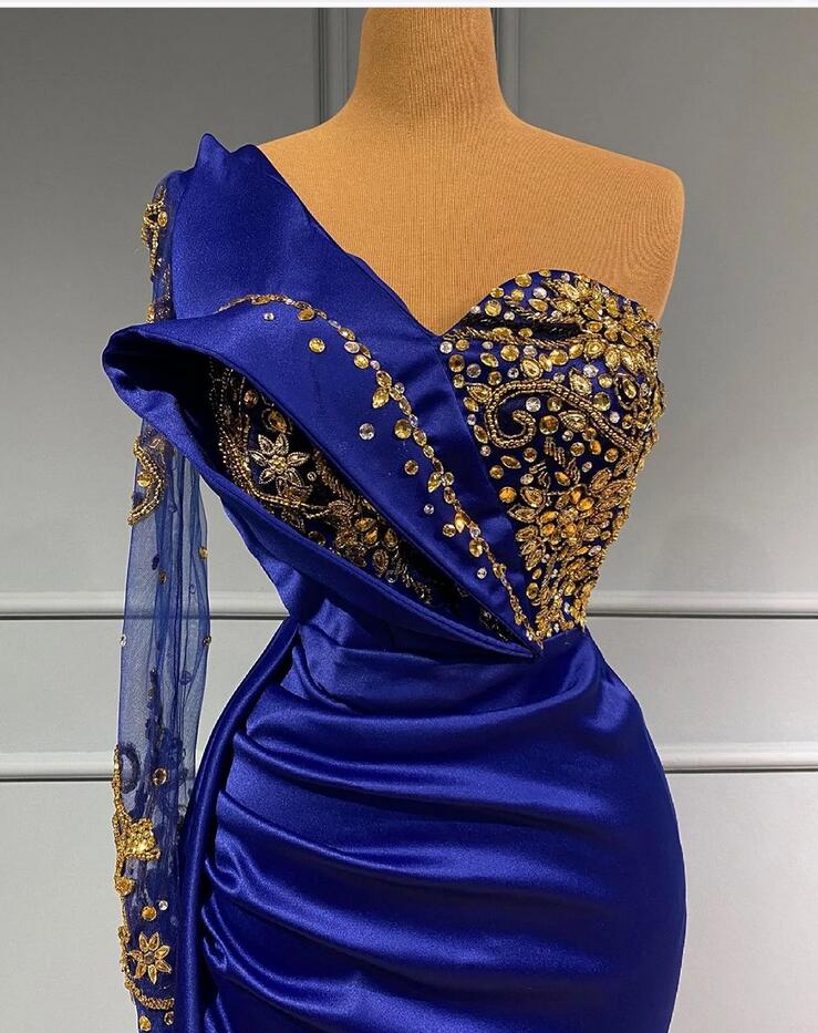 Royal Blue Long One Shoulder Mermaid Prom Dress With Sleeves