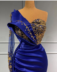 Royal Blue Long One Shoulder Mermaid Prom Dress With Sleeves