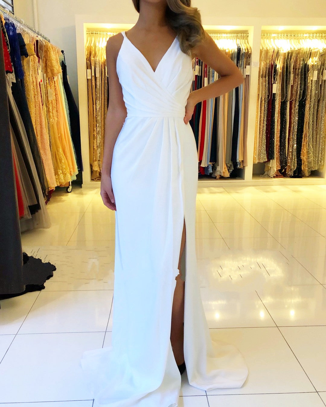 Elegant Long V-neck Backless Ruffles Mermaid Prom Dress With Side Slit