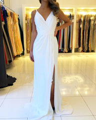 Elegant Long V-neck Backless Ruffles Mermaid Prom Dress With Side Slit