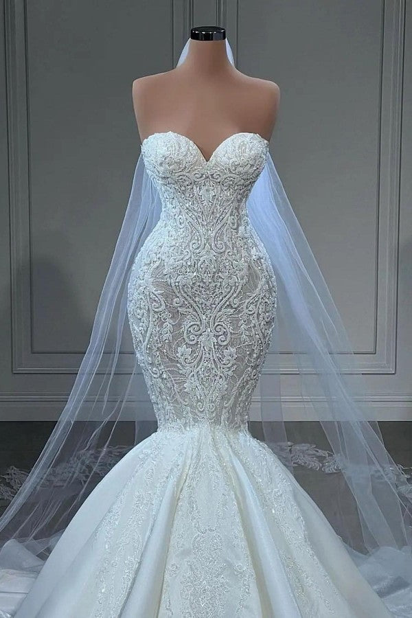 Gorgeous Long Mermaid Sweetheart Satin Lace Wedding Dresses with Appliques Beads