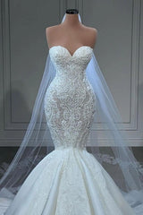 Gorgeous Long Mermaid Sweetheart Satin Lace Wedding Dresses with Appliques Beads