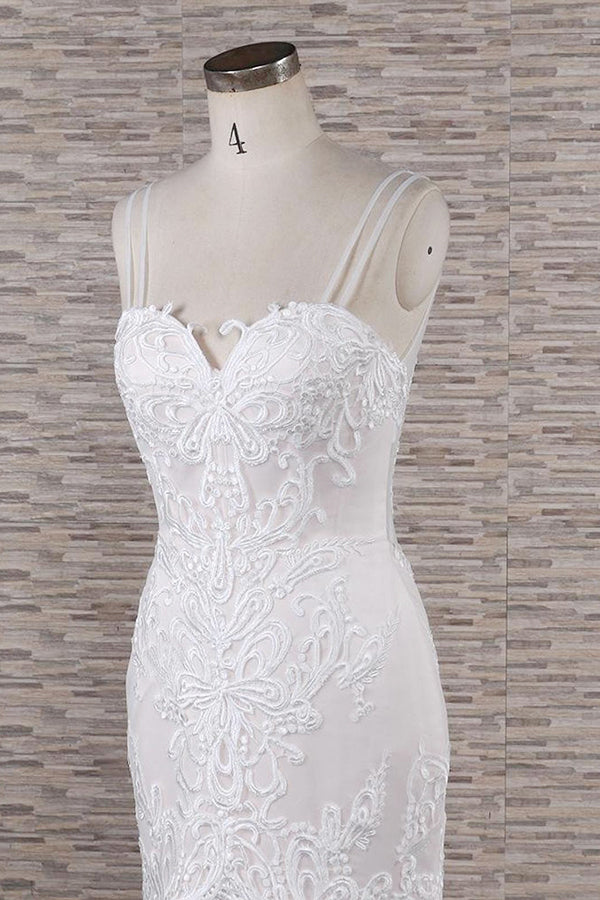 Chic Long Spaghetti Strap Appliques Lace Mermaid Wedding Dress