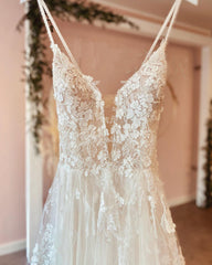 Long A-line Deep V-neck Tulle Spaghetti Straps Lace Backless Wedding Dress