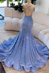 Glitter Long Mermaid V-neck Sleeveless Sequined Prom Dresses