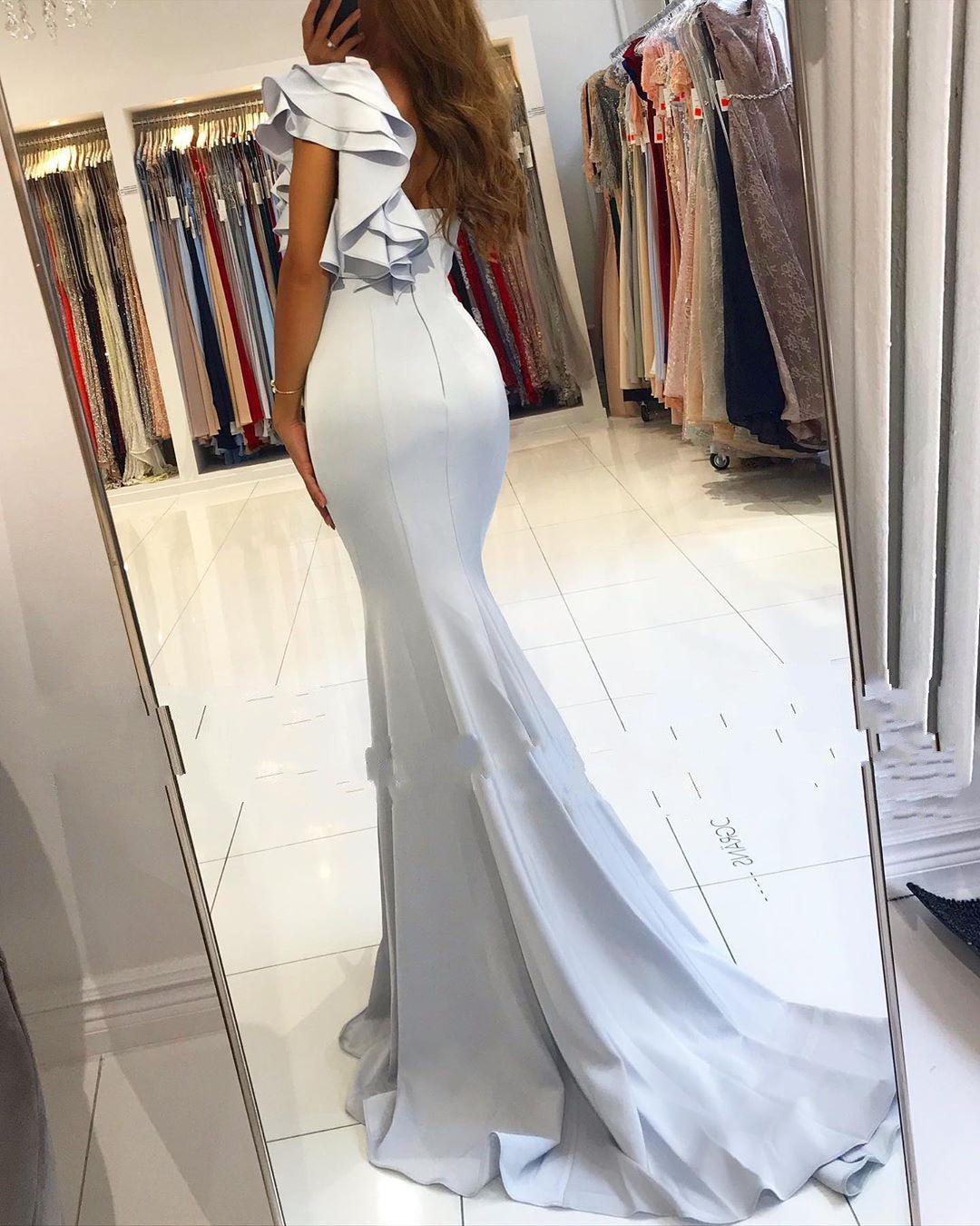 Long One Shoulder Backless Floor Length Ruffles Satin Mermaid Prom Dress