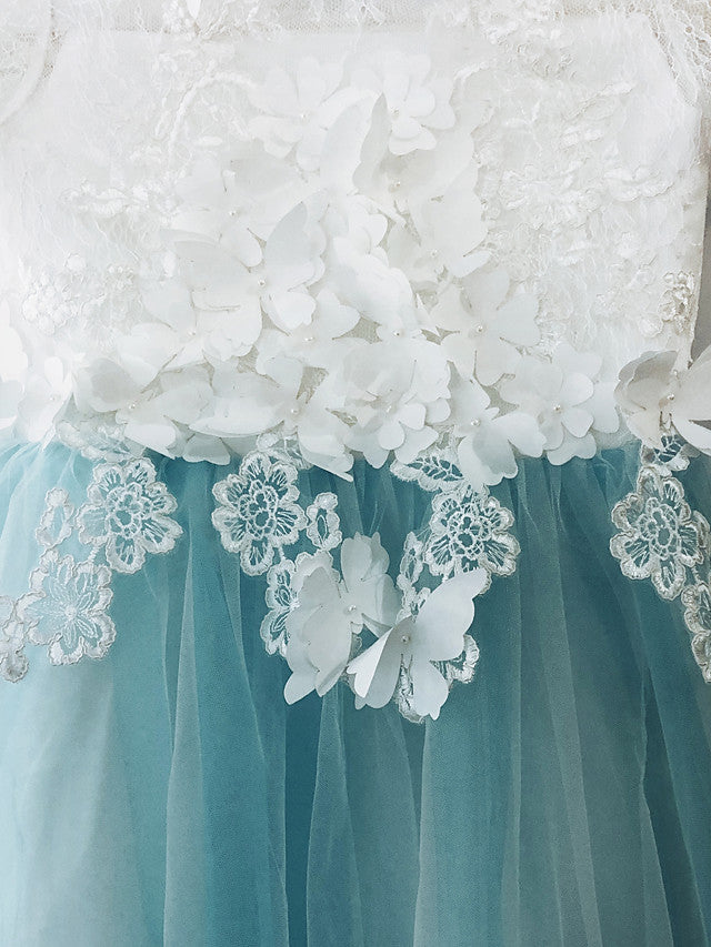 Long A-line Tulle Jewel Neck Appliques Lace Flower Girl Dresses with Sleeves