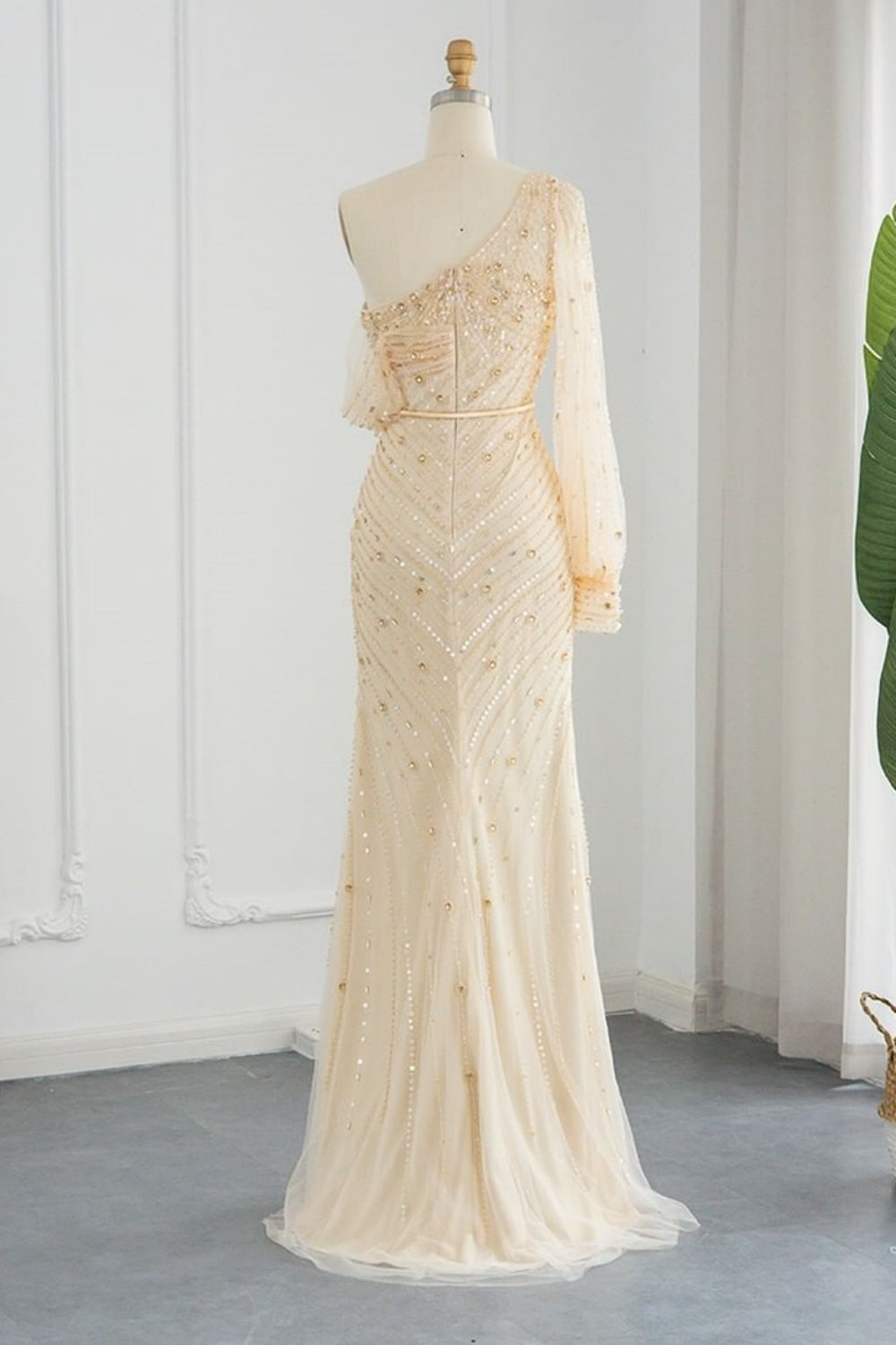 Stunning Long Mermaid One Shoulder Tulle Front Slit Evening Dress with Sleeves