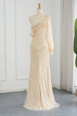 Stunning Long Mermaid One Shoulder Tulle Front Slit Evening Dress with Sleeves