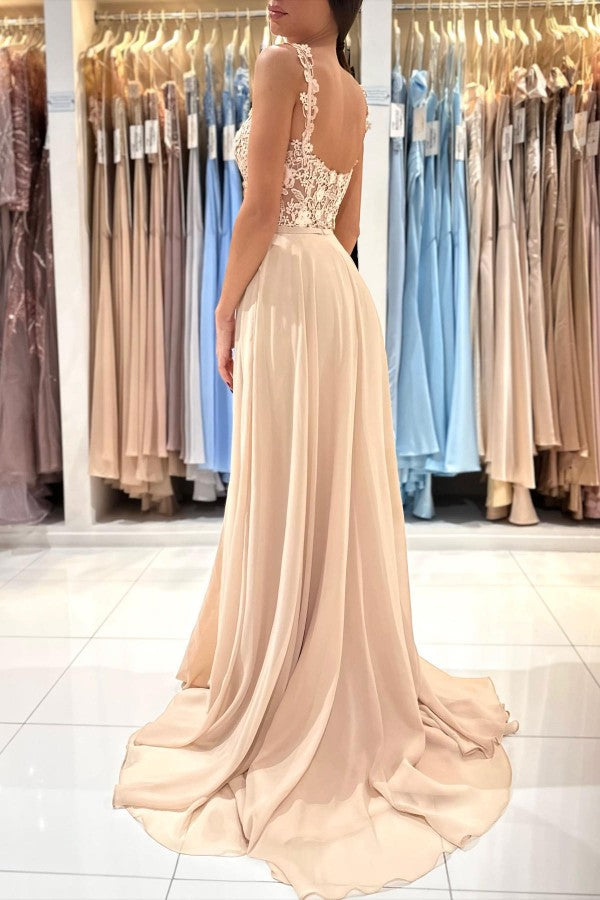 Elegant Long Sleeveless A-Line Chiffon Prom Dress with Ruffles