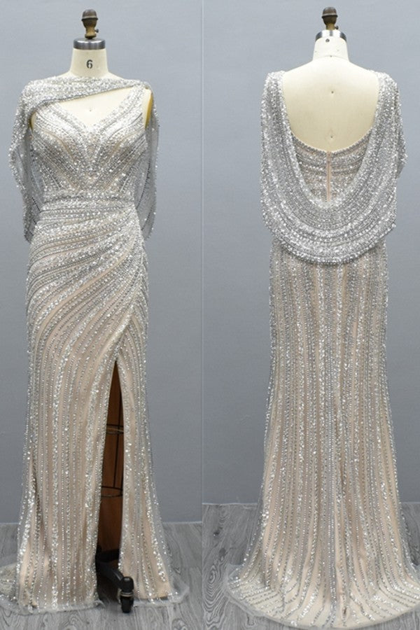 Elegant Long Mermaid V-neck Glitter Formal Evening Dresses with Slit