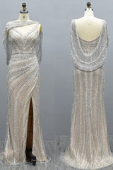 Elegant Long Mermaid V-neck Glitter Formal Evening Dresses with Slit