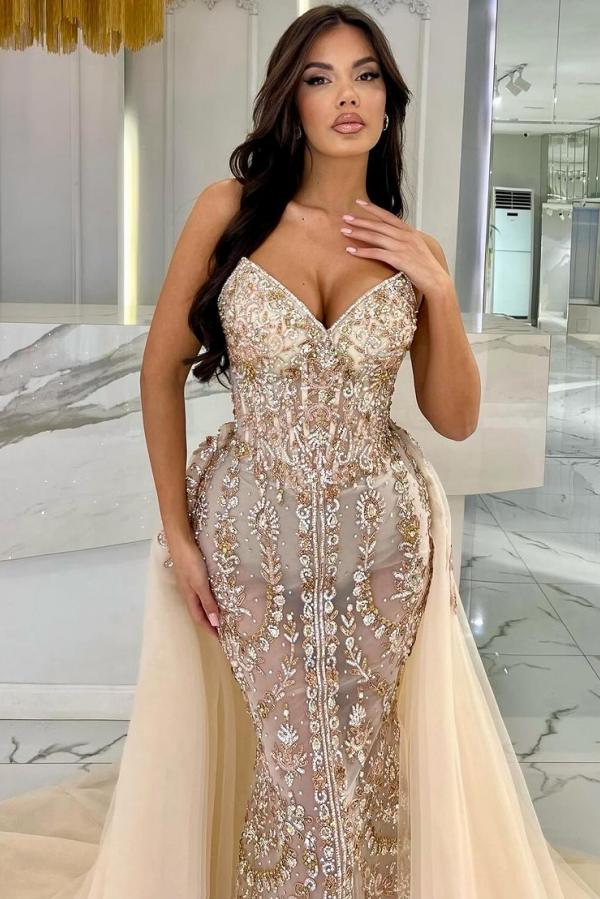 Mermaid Tulle Appliques Lace Long Strapless Prom Dress with Detachable Train