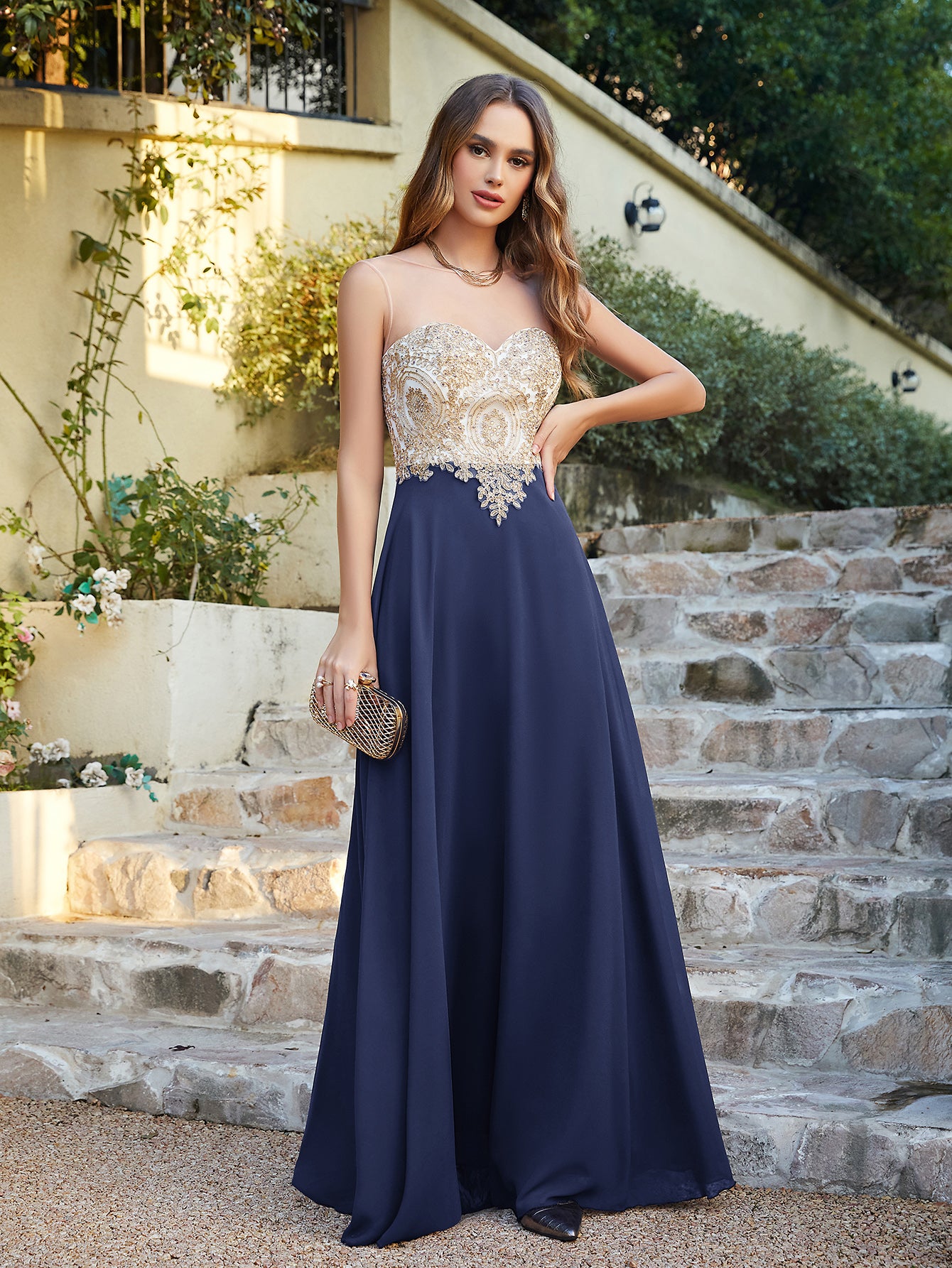 Gorgeous Long A-line Chiffon Lace Sleeveless Formal Evening Dresses