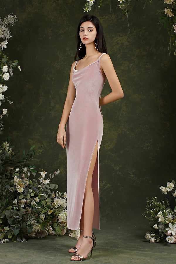 Cute Long Mermaid Straps Velvet Backless Formal Dresses with Slit