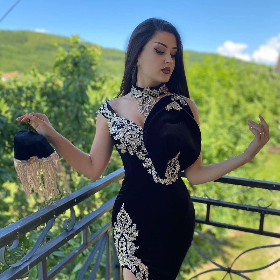 Sexy Black High Neck Appliques Lace Velvet Mermaid Formal Evening Dress With Slit
