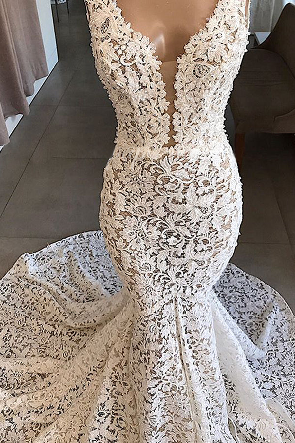 Vintage Long V-neck Mermaid Lace Backless Wedding Dresses