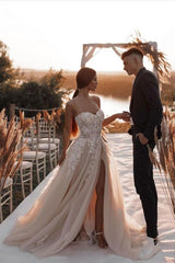 Elegant Champagne Long A-line Strapless Lace Tulle Wedding Dress with Appliques
