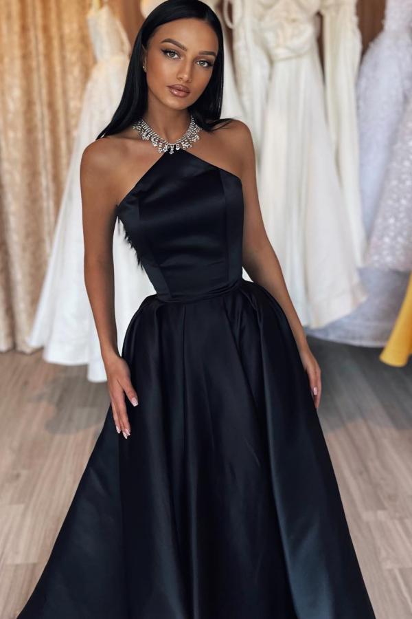 Simple Black Halter A Line Satin Floor Length Prom Dress