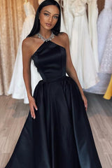 Simple Black Halter A Line Satin Floor Length Prom Dress
