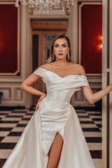Sexy Ivory Mermaid Off the Shoulder Satin Long Wedding Dress with Split