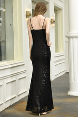 Long Mermaid Spaghetti Strap Split Sequins Black Prom Dress