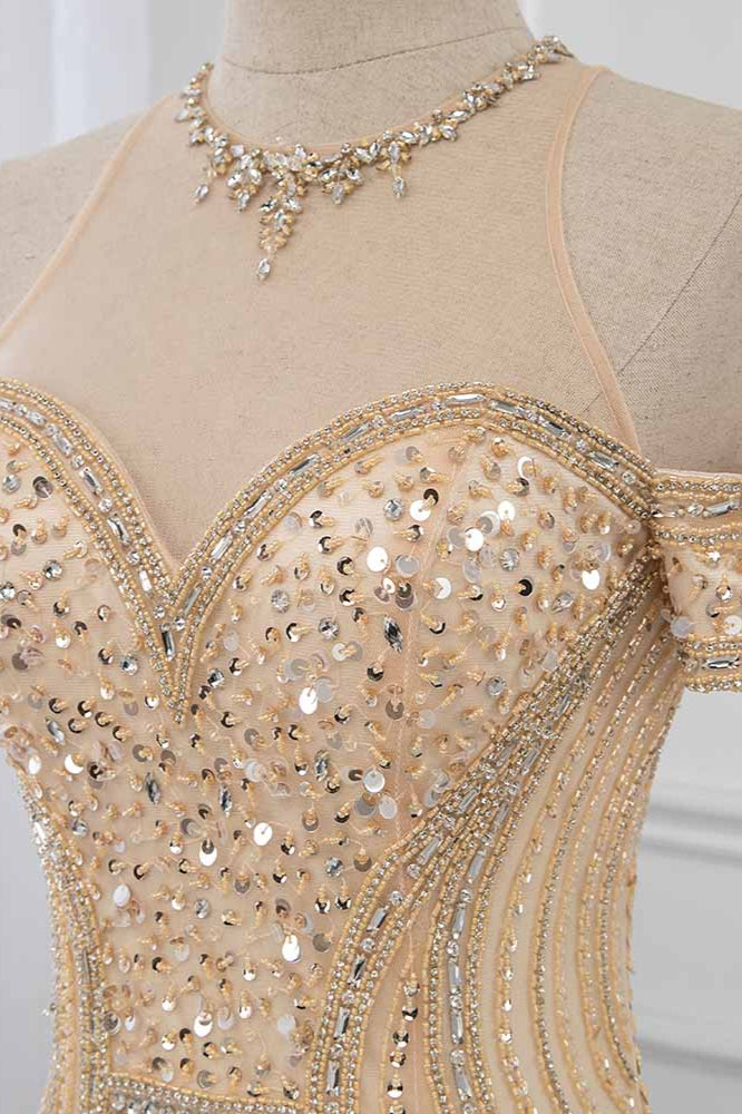 Charming Long Bateau Off the Shoulder Sequins Beading Mermaid Tulle Prom Dress