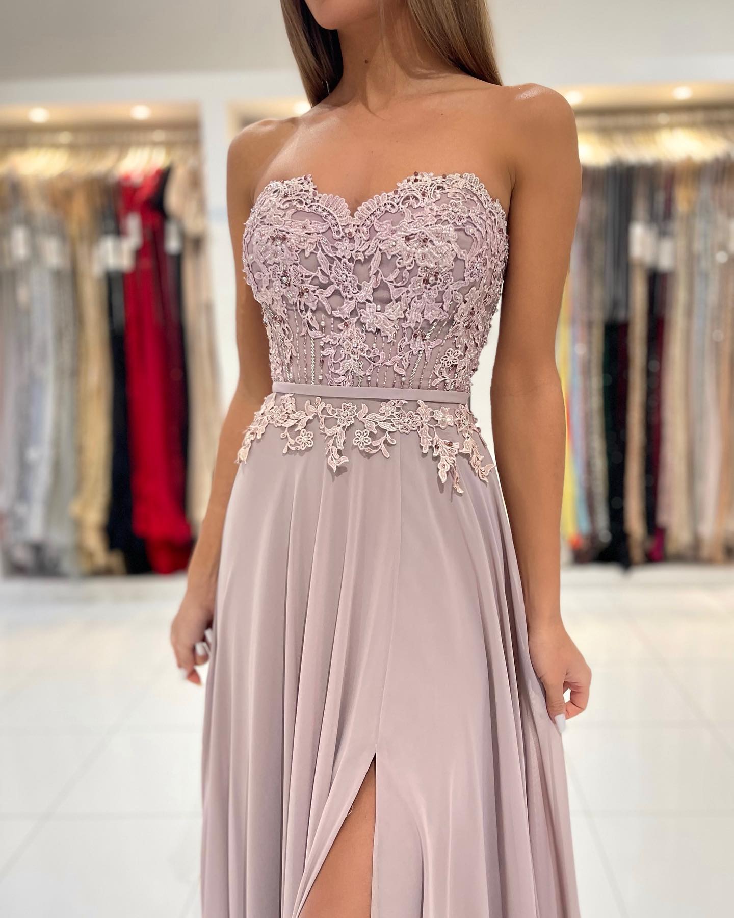 Long A-Line Sweetheart Appliques Lace Chiffon Prom Dress With Side Slit