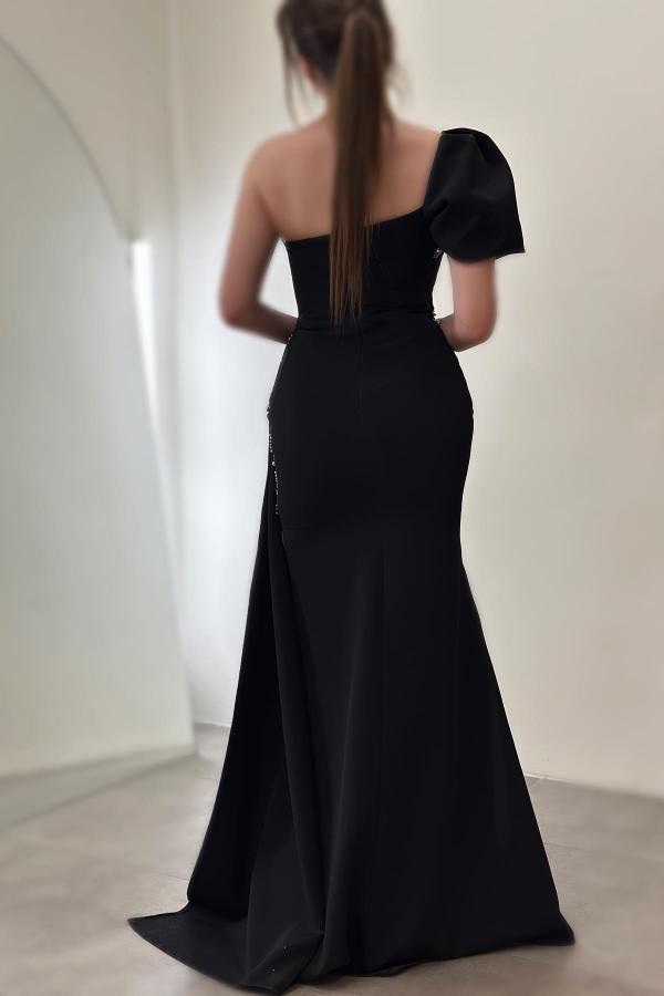 Black Long Mermaid One Shoulder Floor Length Split Front Satin Prom Dresses