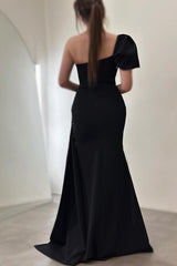 Black Long Mermaid One Shoulder Floor Length Split Front Satin Prom Dresses