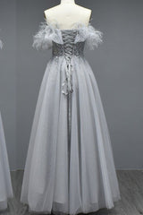 Elegant Long A-line Off the Shoulder Tulle Beading Formal Prom Dresses