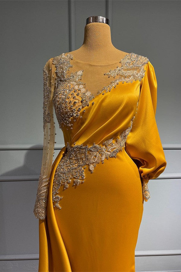 Long Mermaid Jewel Asymmetric Beading Satin Formal Evening Dress with Sleeves