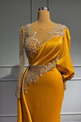 Long Mermaid Jewel Asymmetric Beading Satin Formal Evening Dress with Sleeves