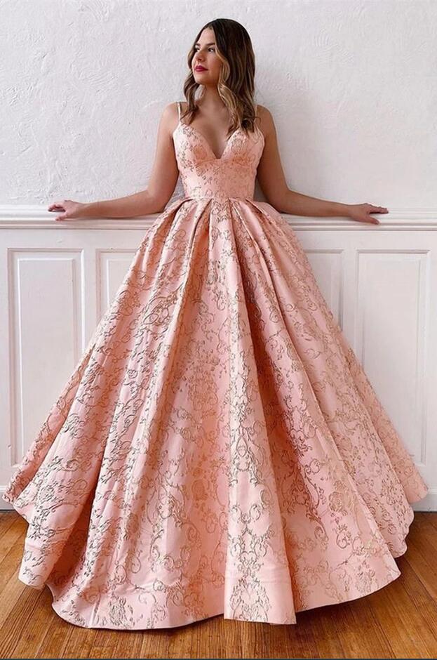 A-line V-neck Spaghetti Straps Backless Floor Length Ruffles Satin Prom Dress