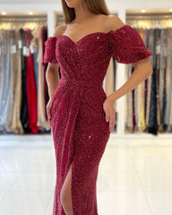 Elegant Long Mermaid Off the Shoulder Sequined Prom Dress with Slit