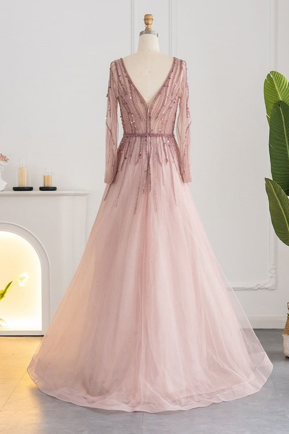 Long A-line V-neck Sequins Beading Tulle Formal Prom Dresses with Sleeves