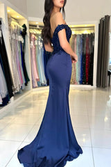 Long Mermaid Off the Shoulder Floor Length Satin Lace Prom Dresses with Slit