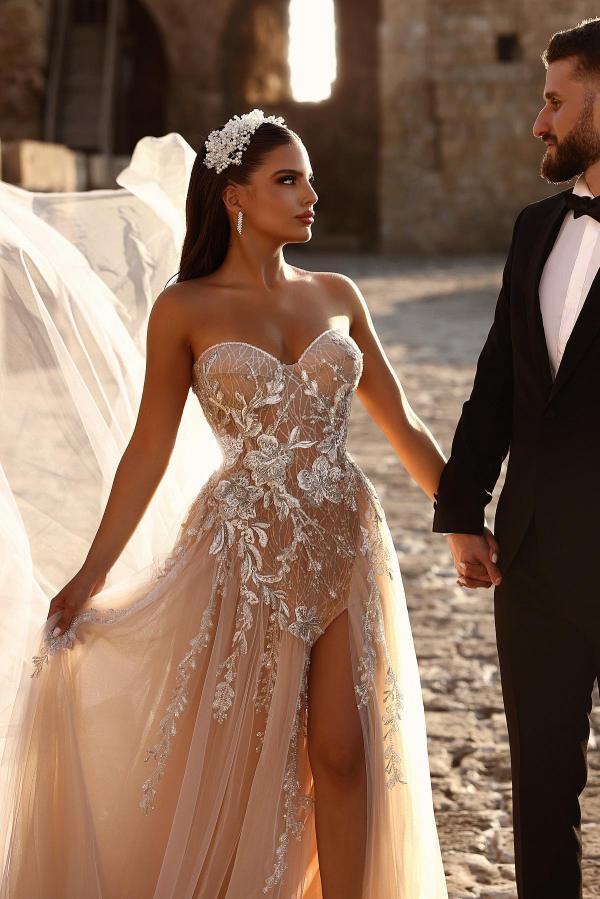 Beautiful Champagne A-Line Sweetheart Sleeveless Long Beading Wedding Dress with High Split