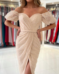 Elegant Short Mermaid Off the Shoulder Sequins Party Dress with slit
