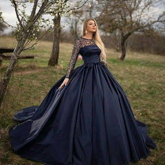 Long Ball Gown Satin Tulle Floor Length Prom Dress with Sleeves