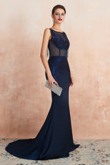Dark Navy Long Mermaid Beaded Satin Formal Evening Dresses