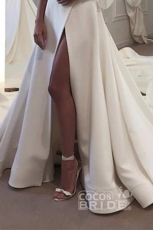 Strapless A-line Satin Backless Long Wedding Dress with Slit