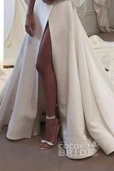 Strapless A-line Satin Backless Long Wedding Dress with Slit