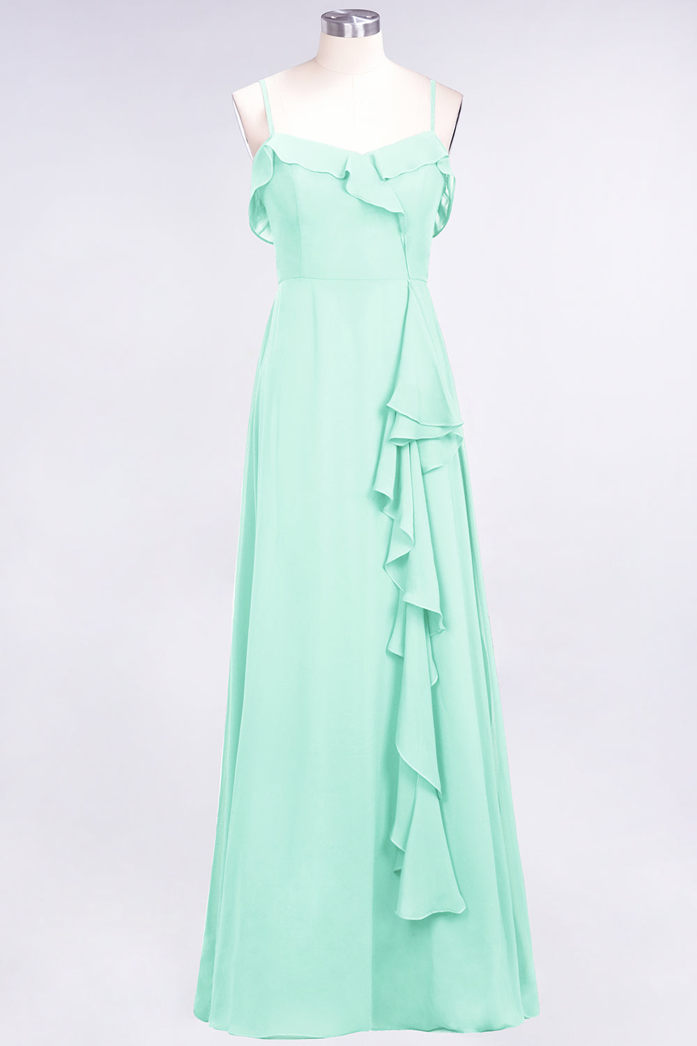 Spaghetti Straps A-Line Chiffon Backless Floor Length Prom Dress With Ruffles