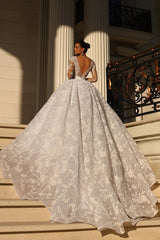 Long Sleeves Ball Gown V-neck Tulle Lace Appliques Backless Wedding Dresses