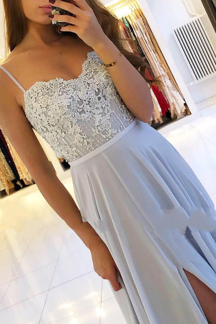 A-Line Spaghetti Straps Lace Floor Length Chiffon Prom Dress With Side Slit